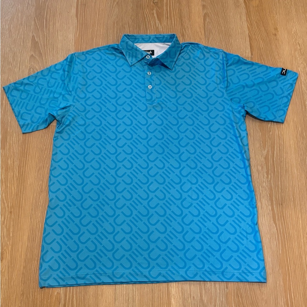 Waggle Golf Polo Shirt Mens Size XL DUDE Wipes All Over Print Short Sleeve Blue